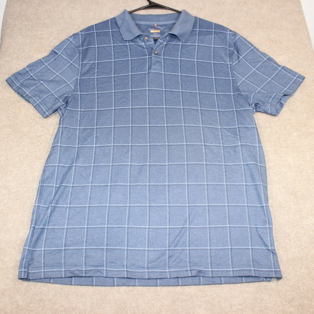 Van Heusen Traveler Mens Large Blue Grid Short Sleeve Polo Shirt Business Casual